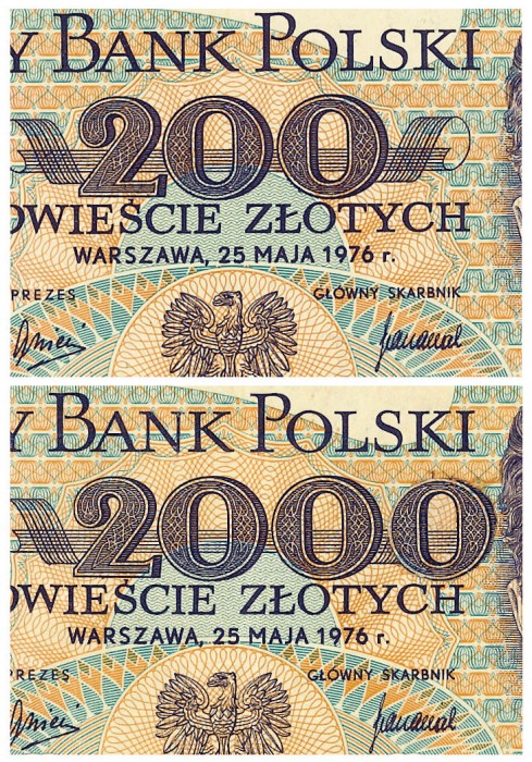 Polnischer 200-Zloty-Schein, 1976, Original (oben), Fälschung (unten), (c) HVB Stiftung Geldscheinsammlung, München