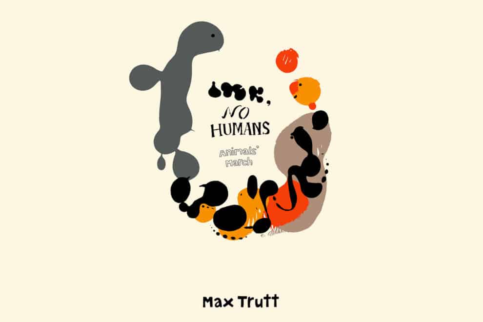 Bild aus Max Trutts Künstlerbuchprojekt „Look, No Humans (Animal’s March)“. Die digitale und typografische Arbeit entstand in Zusammenarbeit mit Peter Trudolubovs. Abgebildet ist FF Bokka™, eine Schrift, die Verspieltheit mit historischer Resonanz verbindet, kombiniert mit seinen Bildern, sowie die klarere, zurückhaltende Brother 1816 für die reine Textseite des Buches.