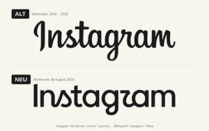 Vergleich der Instagram Wortmarke: oben die kursive Schreibschrift von 2016, unten der neue kompaktere Schriftzug von 2026