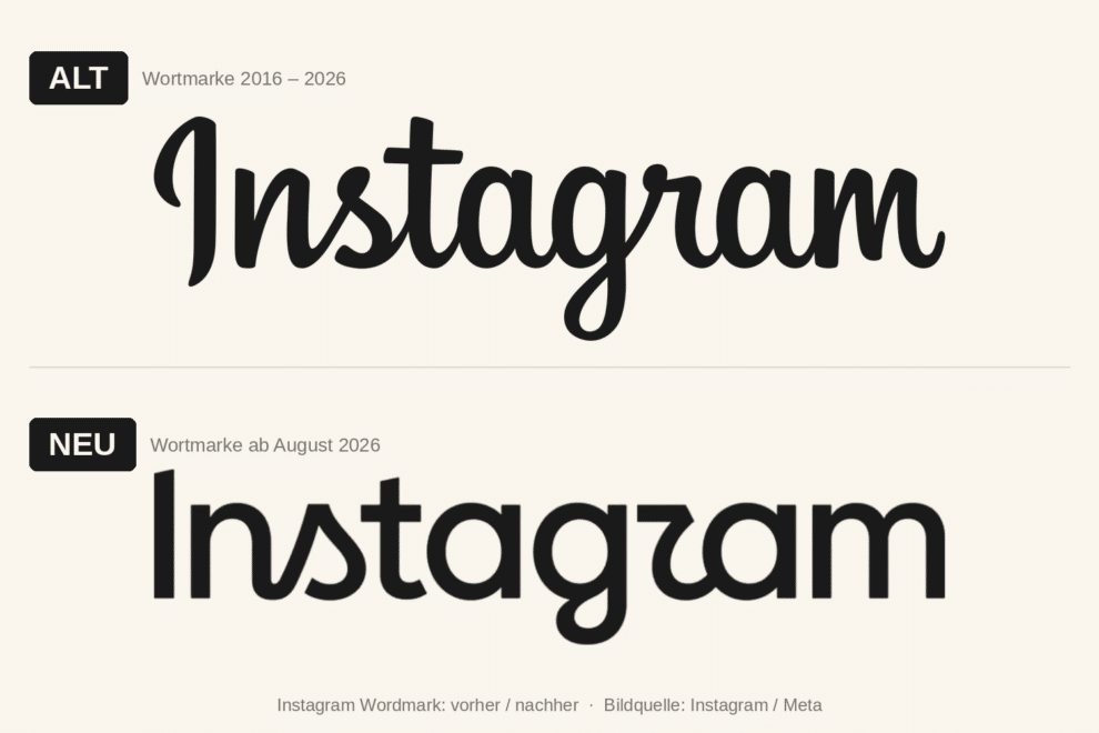 Vergleich der Instagram Wortmarke: oben die kursive Schreibschrift von 2016, unten der neue kompaktere Schriftzug von 2026