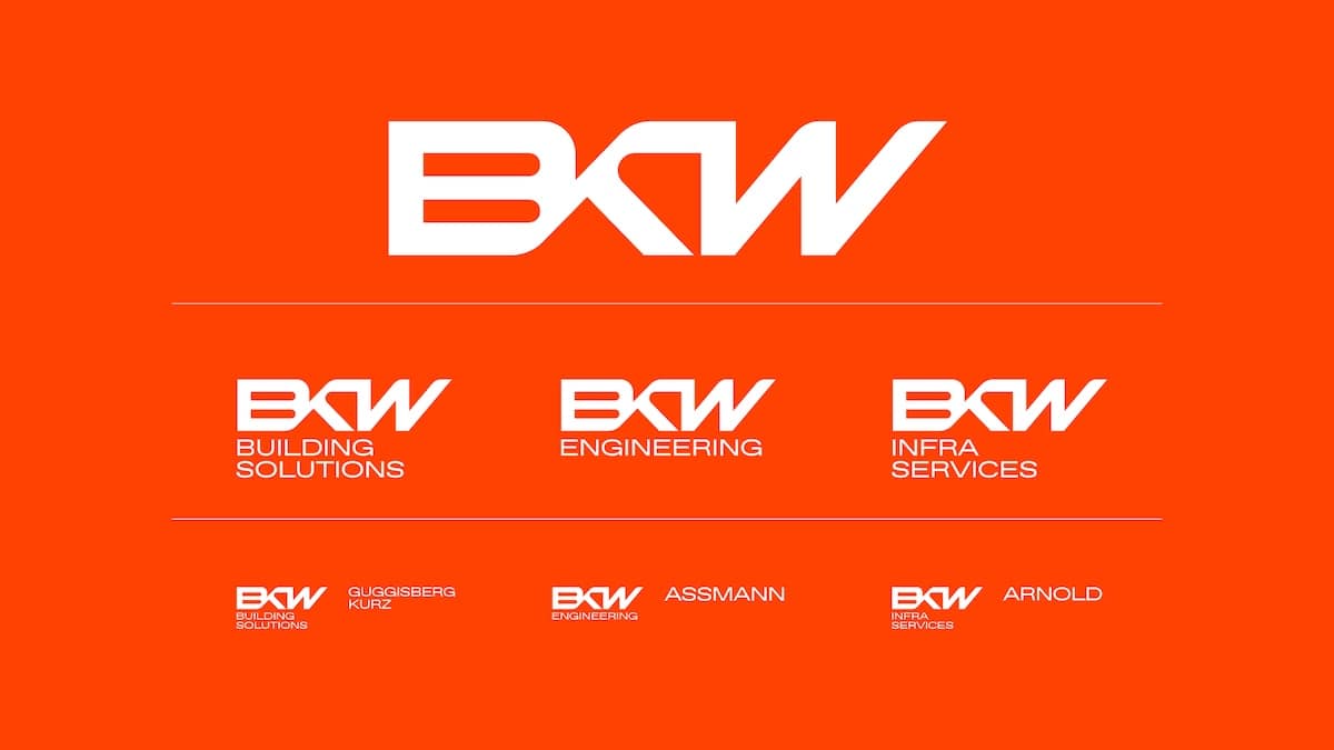 BKW Hauptlogo und Logo Varianten für Building Solutions, Engineering und Infra Services auf orangem Grund