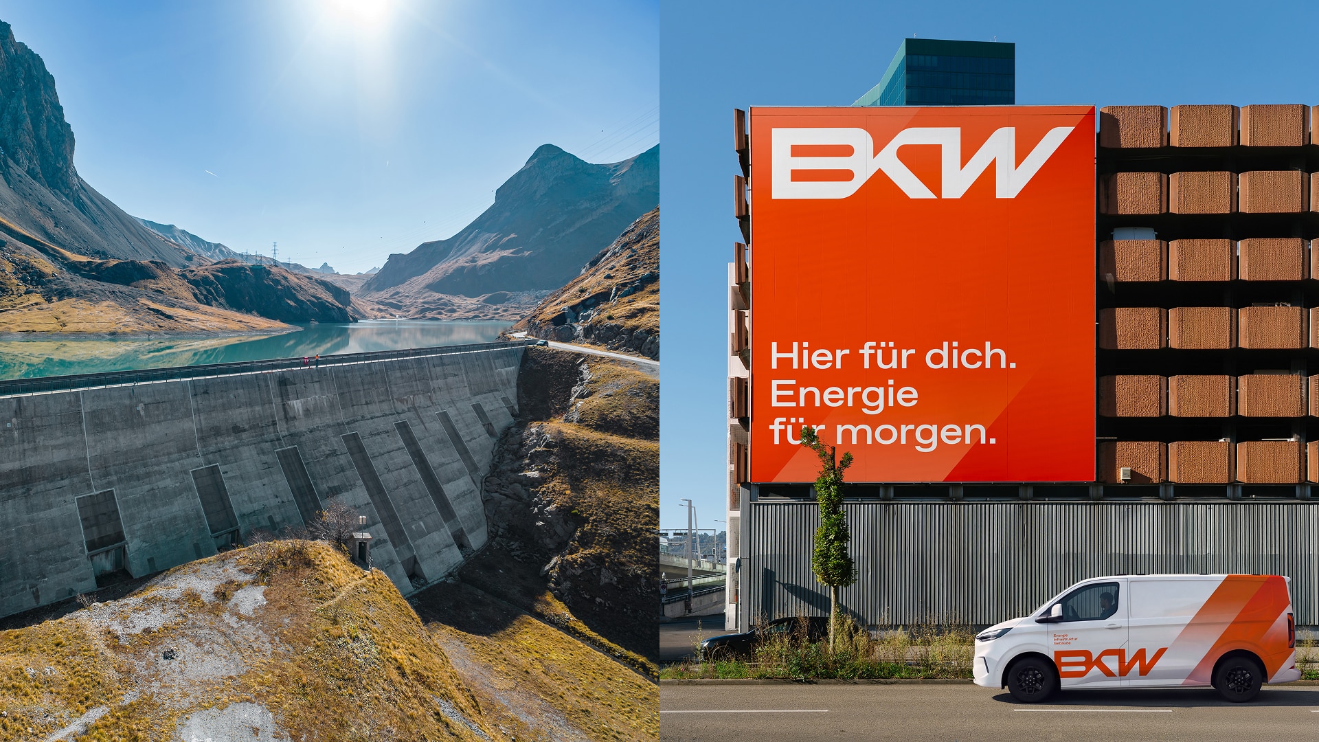 Staumauer in den Bergen neben einer großen orangen BKW Plakatwand mit dem Claim Hier für dich. Energie für morgen.