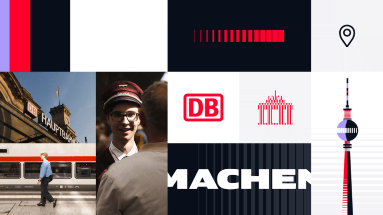 Moodboard mit dem neuen Corporate Design der Deutschen Bahn: DB-Logo, Schwellenmuster, Brandenburger Tor als Piktogramm und der Schriftzug Machen