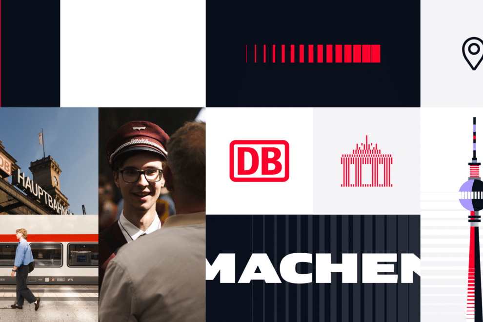 Moodboard mit dem neuen Corporate Design der Deutschen Bahn: DB-Logo, Schwellenmuster, Brandenburger Tor als Piktogramm und der Schriftzug Machen