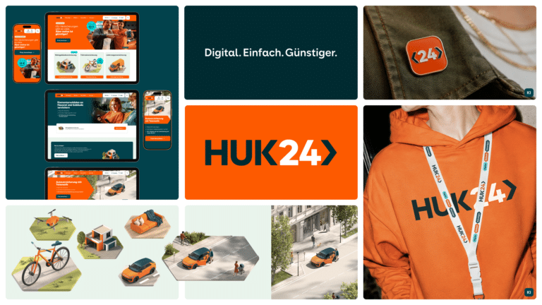Übersicht des neuen Corporate Designs von HUK24 mit Typografie, Farben und Illustrationselementen