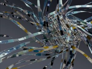Abstrakte 3D-Illustration aus verschlungenen datenstreifenartigen Bändern als Sinnbild für künstliche Intelligenz