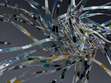 Abstrakte 3D-Illustration aus verschlungenen datenstreifenartigen Bändern als Sinnbild für künstliche Intelligenz