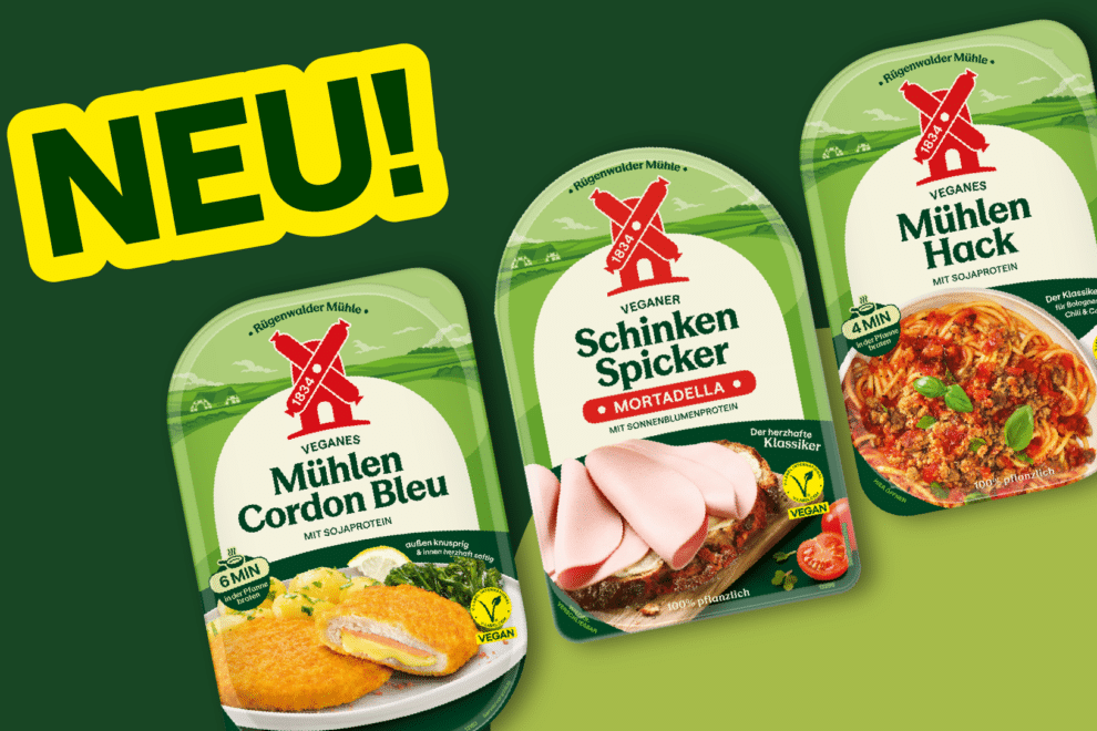 Neue Verpackungen der veganen Rügenwalder-Mühle-Produkte Mühlen Cordon Bleu, Schinken Spicker und Mühlen Hack