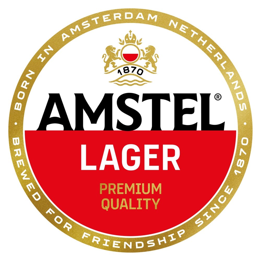 Amstel-Logo mit goldenem Kreis, Wappen mit Löwen, Jahreszahl 1870 und rot-weißem Schriftfeld