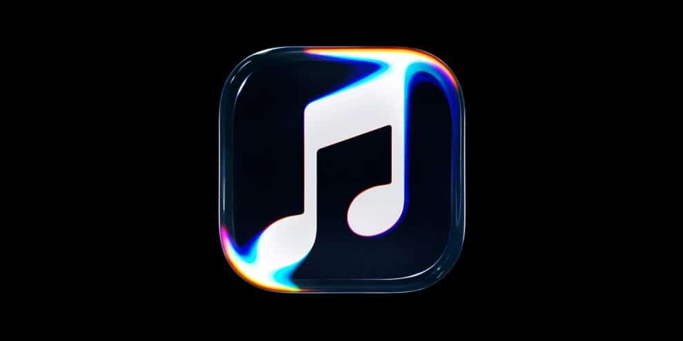 Das neue Apple-Music-Notenlogo als leuchtendes Glasobjekt mit farbigen Rändern auf schwarzem Grund