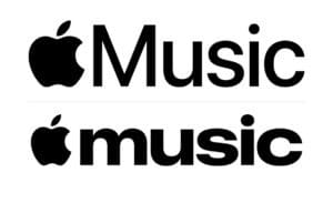 Vergleich der alten und neuen Apple-Music-Wortmarke: die neue Version ist kleingeschrieben und deutlich dicker gesetzt