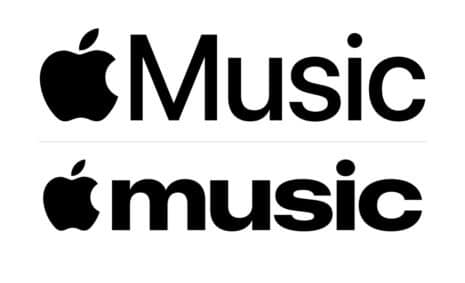 Vergleich der alten und neuen Apple-Music-Wortmarke: die neue Version ist kleingeschrieben und deutlich dicker gesetzt