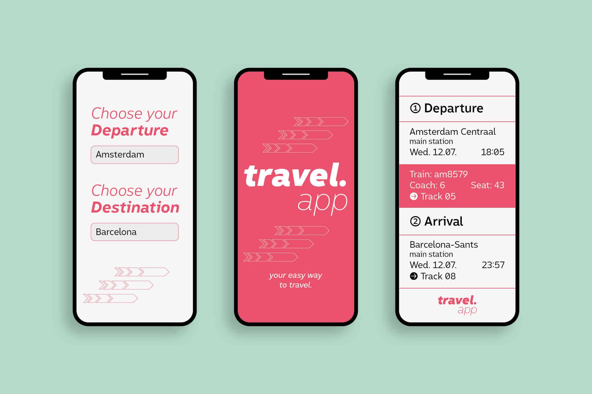 Drei Smartphones mit einer Reise-App in Conviva auf mintgrünem Grund