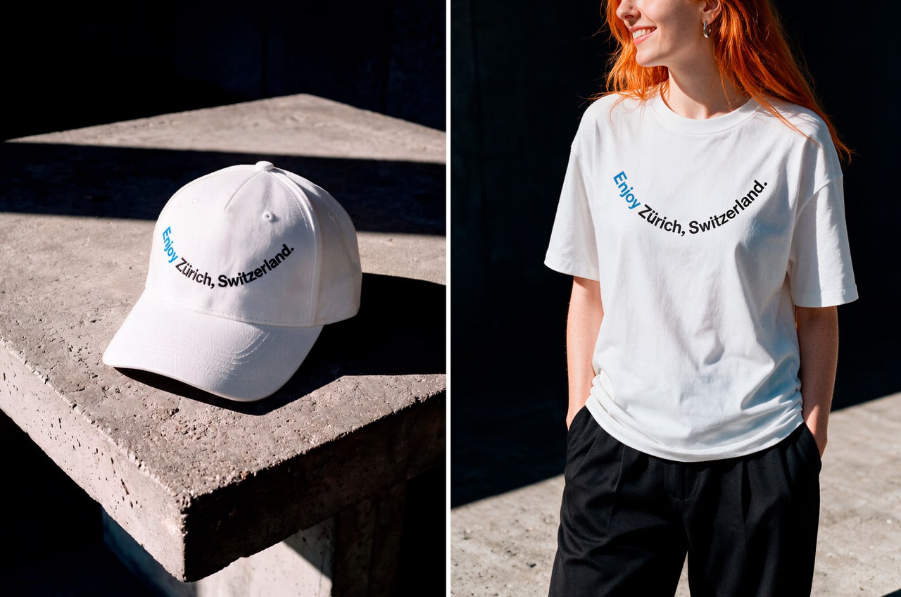 Weiße Cap auf Betonblock und lächelnde Frau im weißen T-Shirt, beide mit dem Smiley-Schriftzug Enjoy Zürich, Switzerland.