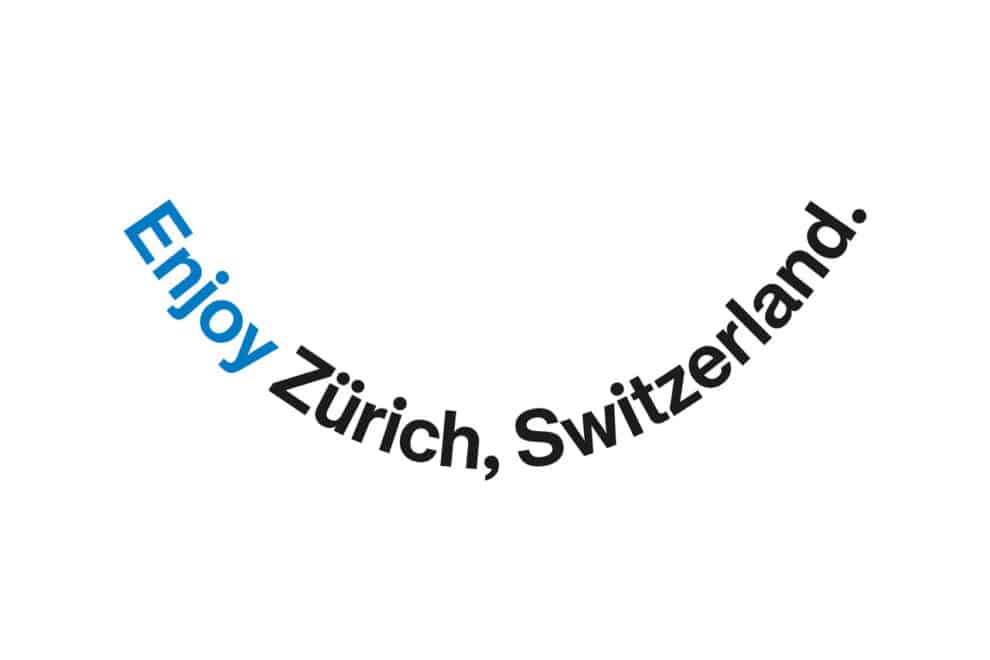 Wortmarke Enjoy Zürich, Switzerland. als Smiley-Bogen in Blau und Schwarz auf weißem Grund