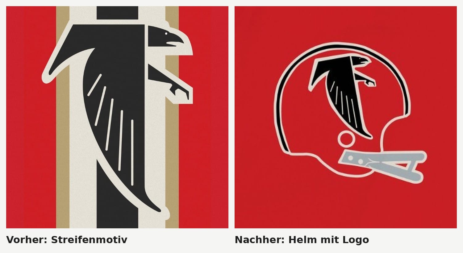 Vergleich: links das Falcons-Retro-Motiv mit Streifen, rechts das Helm-Logo auf rotem Grund