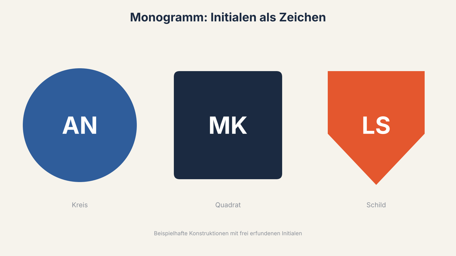 Drei beispielhafte Monogramme in Kreis, Quadrat und Schild