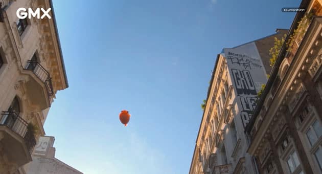 KI-generiertes Kampagnenmotiv von GMX zeigt einen roten Fisch, der wie ein Ballon über einer Häuserschlucht schwebt