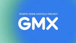 Neues GMX Logo auf blau-mintfarbenem Verlauf mit dem Kampagnenclaim Starte deine digitale Freiheit