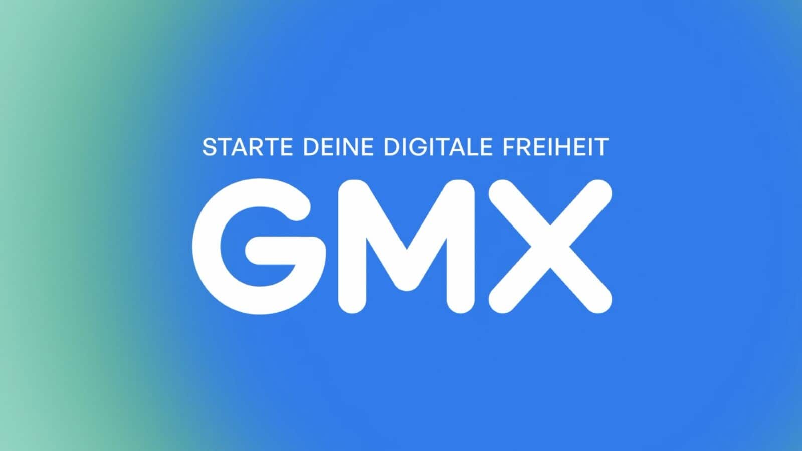 Neues GMX Logo auf blau-mintfarbenem Verlauf mit dem Kampagnenclaim Starte deine digitale Freiheit