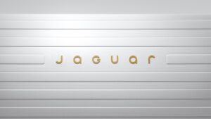 Goldene Wortmarke jaguar auf einer silbernen Fläche mit horizontalen Linien