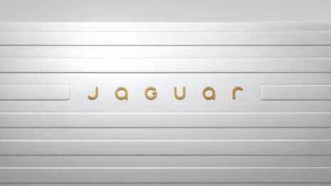 Goldene Wortmarke jaguar auf einer silbernen Fläche mit horizontalen Linien