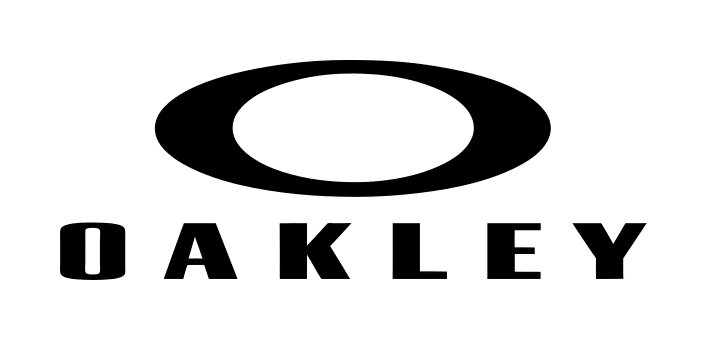 Oakley-Logo mit ovalem Symbol und Schriftzug in Schwarz auf weißem Grund