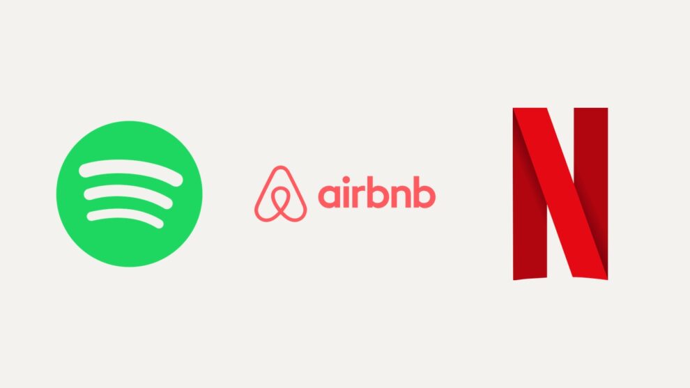 Collage aus den Logos von Spotify, Airbnb und Netflix auf hellem Grund