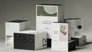 Gestapelte monochrome M&S-Home-Verpackungen mit großem M&S-Schriftzug, Ziffern und Produktbildern für Geschirr und Gläser