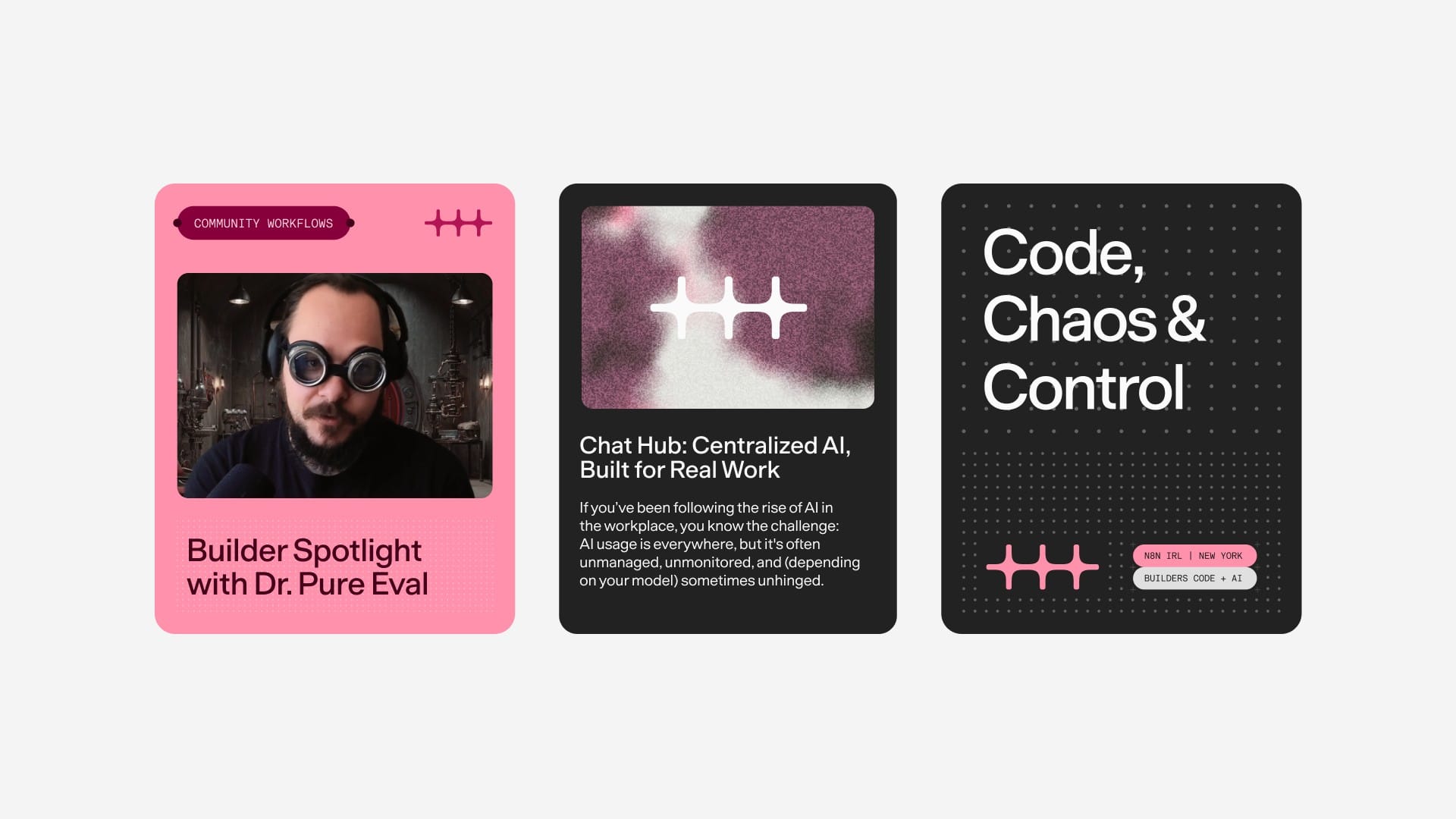 Drei Content-Karten im neuen n8n-Design: eine rosa, zwei dunkelgraue, jeweils mit dem Logo