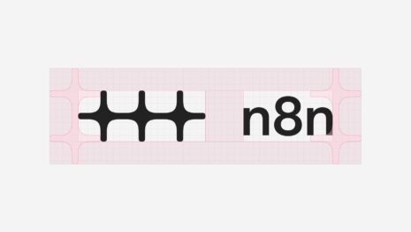Das neue n8n-Logo mit Wortmarke auf einem rosa Konstruktionsraster