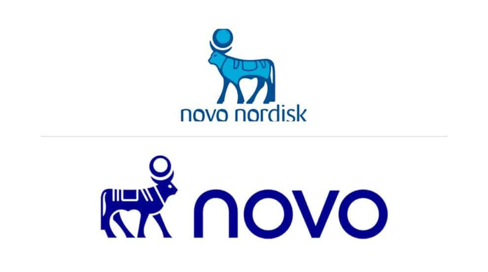 Vergleich des alten und neuen Novo-Nordisk-Logos: Der Apis-Stier blickt im neuen Logo nach rechts statt nach links