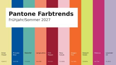 Zehn vertikale Farbstreifen von Gelb über Blau, Grün, Rot und Rosa bis Lavendel mit den Namen der Pantone Farben für Frühjahr/Sommer 2027
