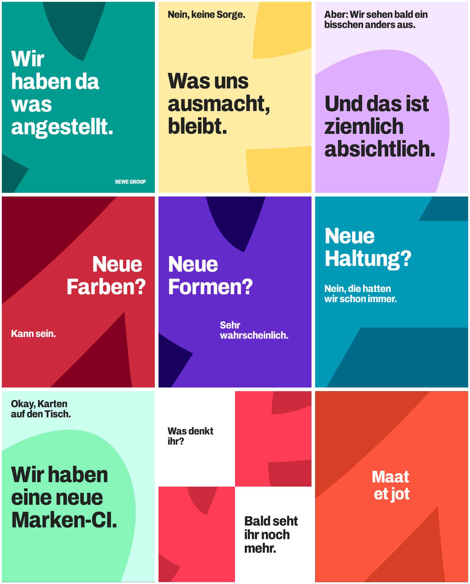 Alle neun Folien der LinkedIn-Ankündigung der REWE Group zum neuen Corporate Design im Überblick