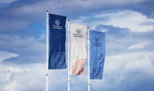 Drei Fahnen mit dem neuen Logo der Universität Würzburg in Blau, Creme und Hellblau vor Wolkenhimmel