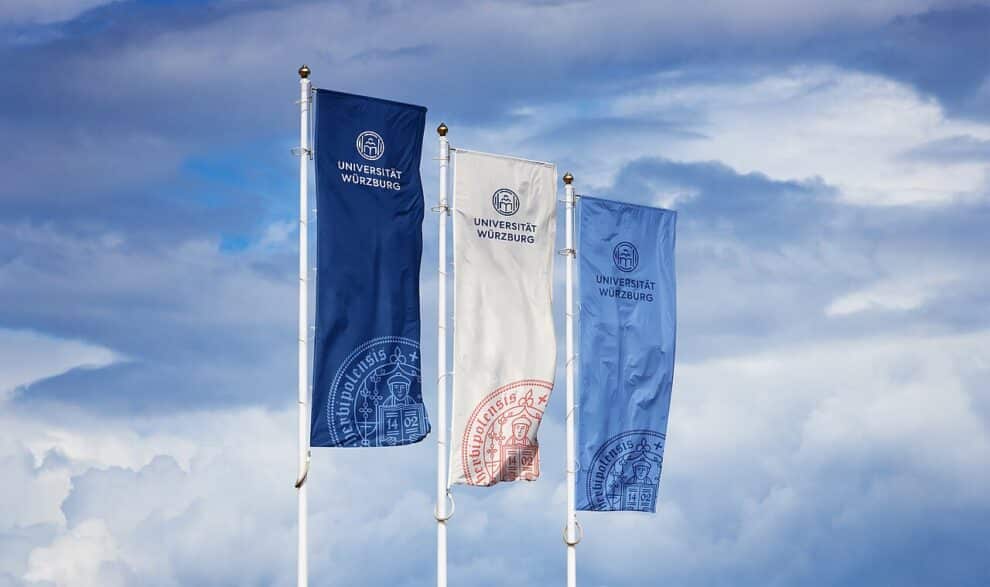 Drei Fahnen mit dem neuen Logo der Universität Würzburg in Blau, Creme und Hellblau vor Wolkenhimmel