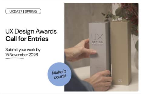 Grafik zur Ausschreibung der UX Design Awards Spring 2027 mit zwei Award-Stelen und dem Hinweis auf die Einreichfrist am 15. November 2026