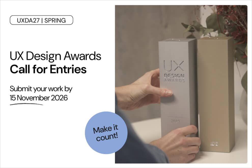 Grafik zur Ausschreibung der UX Design Awards Spring 2027 mit zwei Award-Stelen und dem Hinweis auf die Einreichfrist am 15. November 2026