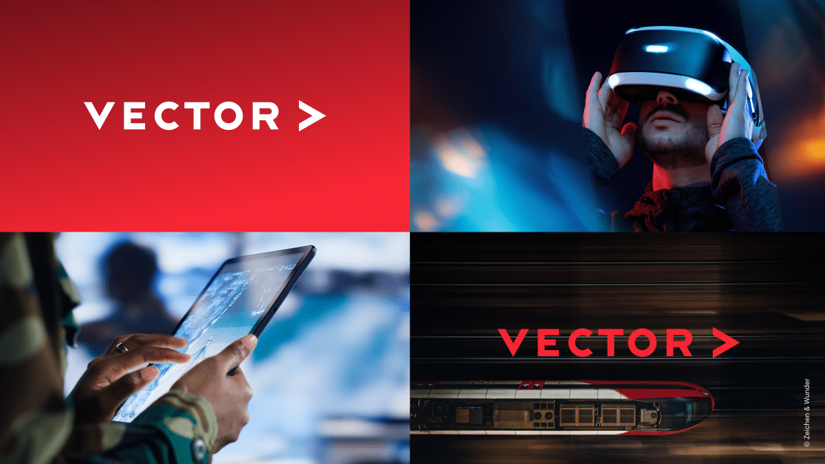 Bildwelt von Vector mit rotem Logo-Feld, VR-Brille, Tablet und Zug mit Schriftzug