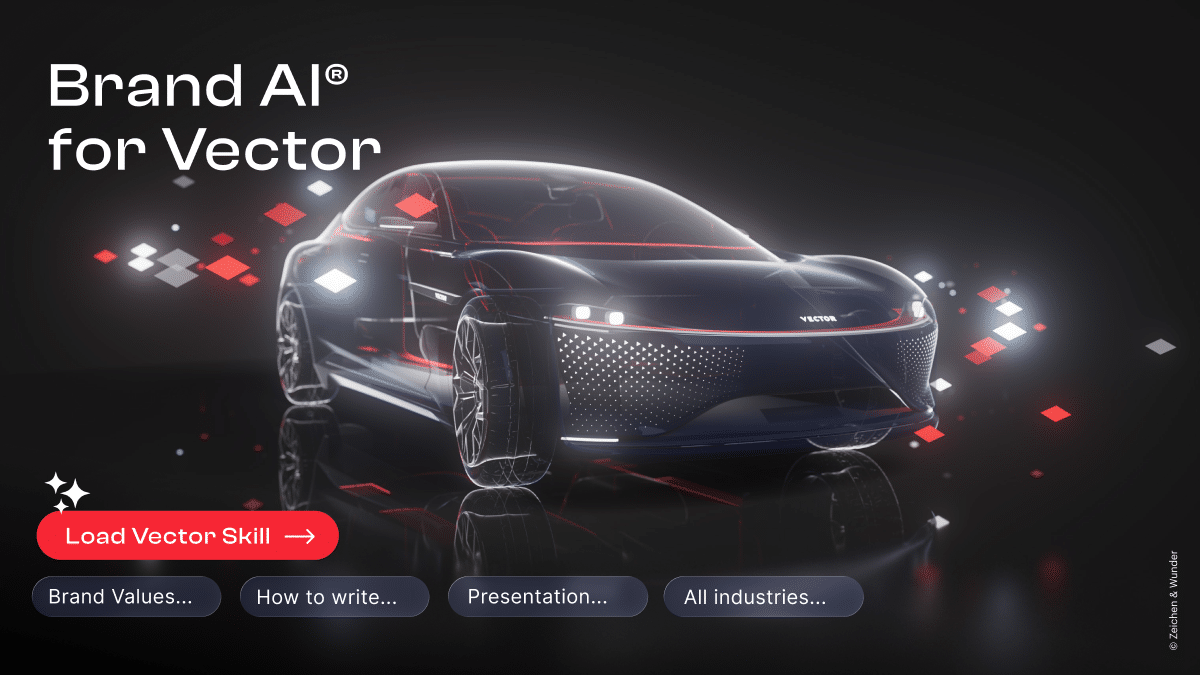Leuchtendes CGI-Fahrzeug mit roten Elementen und der Überschrift Brand AI for Vector