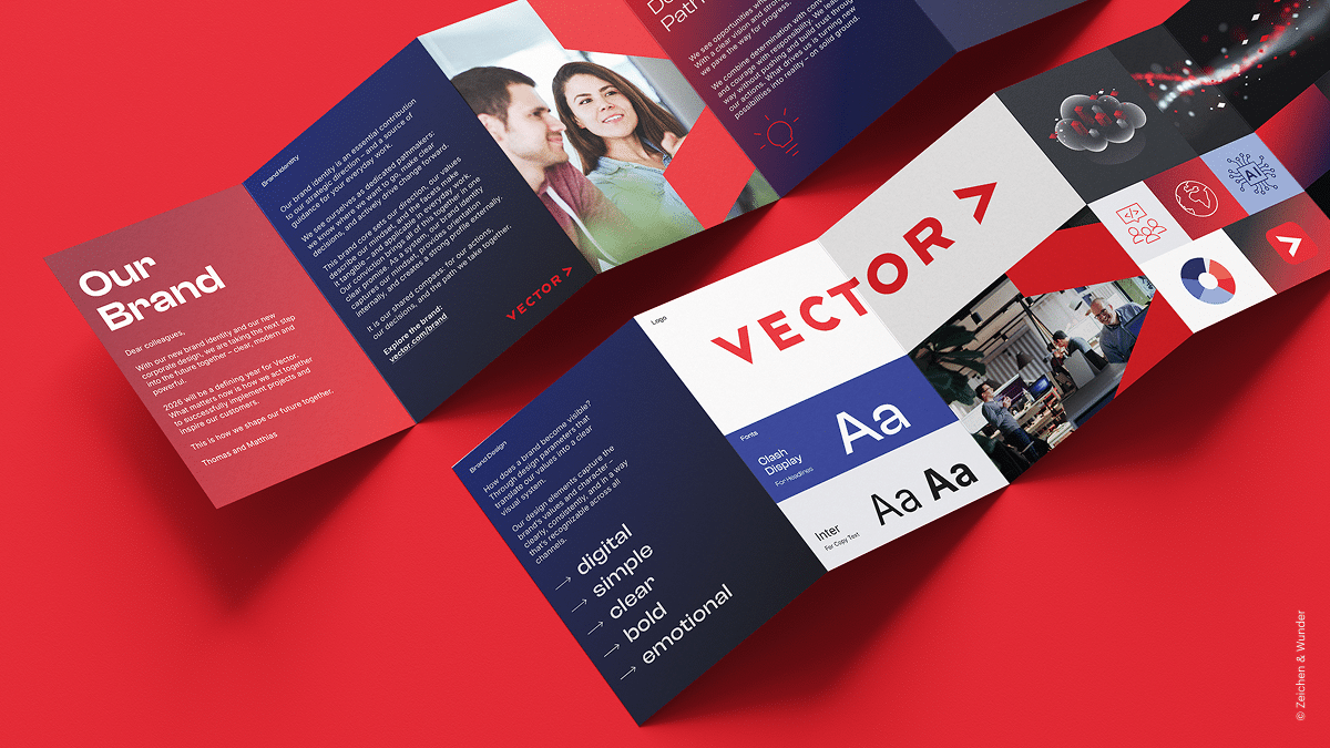 Aufgefaltete Vector-Broschüre auf rotem Grund mit Bildwelt, Typografie und Icons