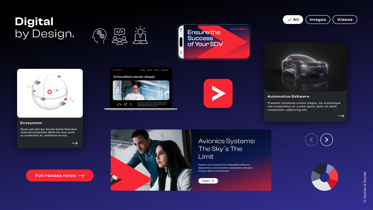 Digitale Anwendungen im neuen Vector-Design mit Webseite, Kacheln, Icons und App-Icon auf blauem Verlauf