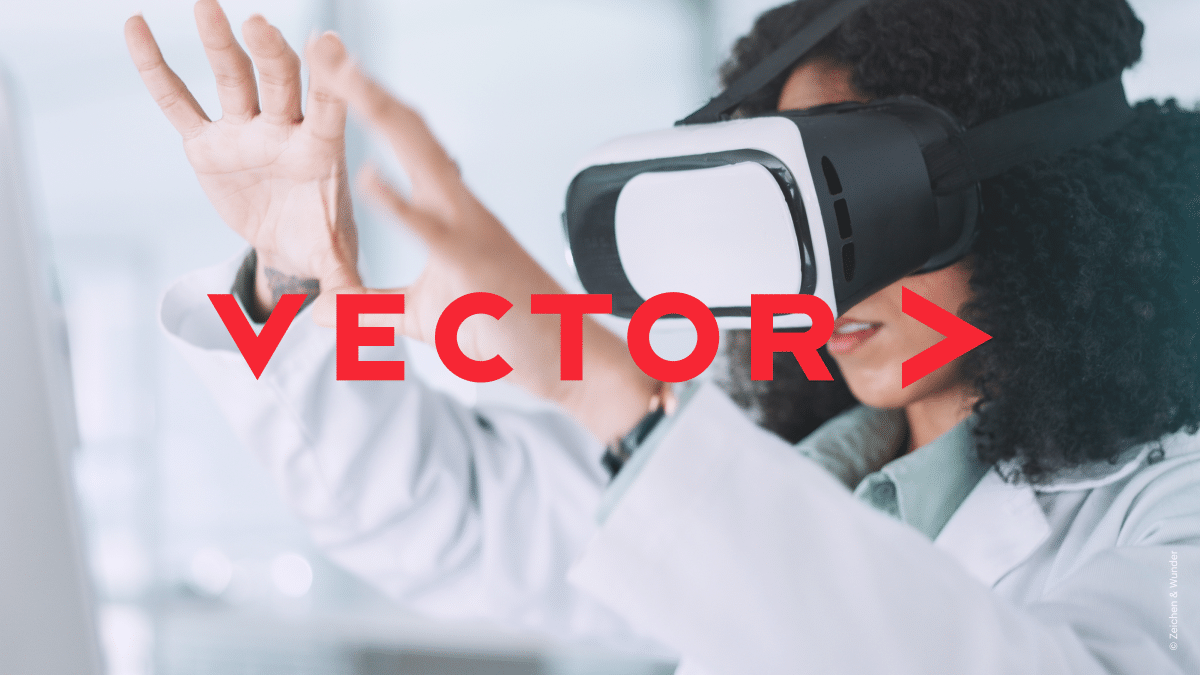 Person mit VR-Brille, davor der rote Vector-Schriftzug mit Pfeil