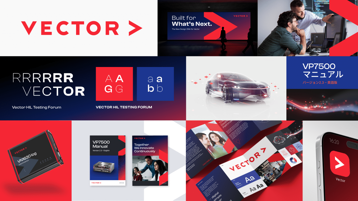 Collage mit Anwendungen der neuen Vector-Marke: Logo, Plakat, Typografie, Produkte, Broschüren und App-Icon