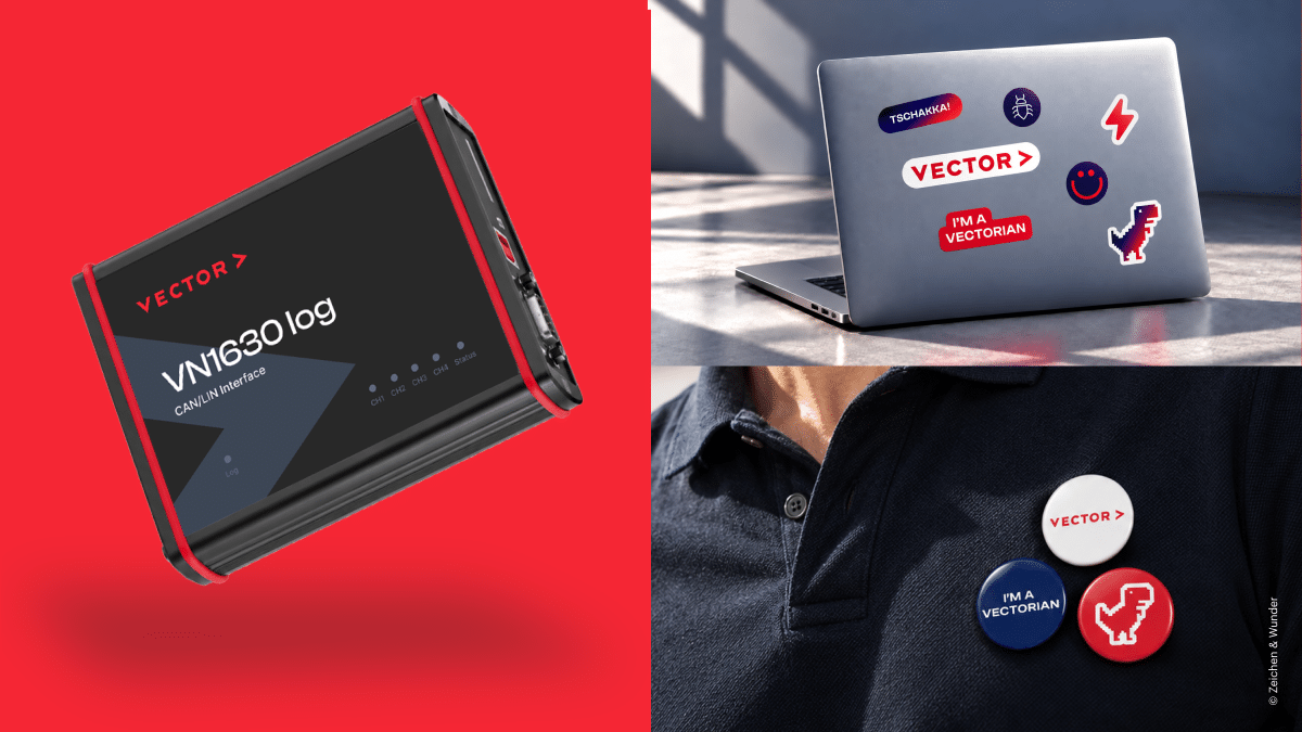 Vector-Interface VN1630 log auf rotem Grund neben Laptop-Stickern und Buttons mit Vector-Logo