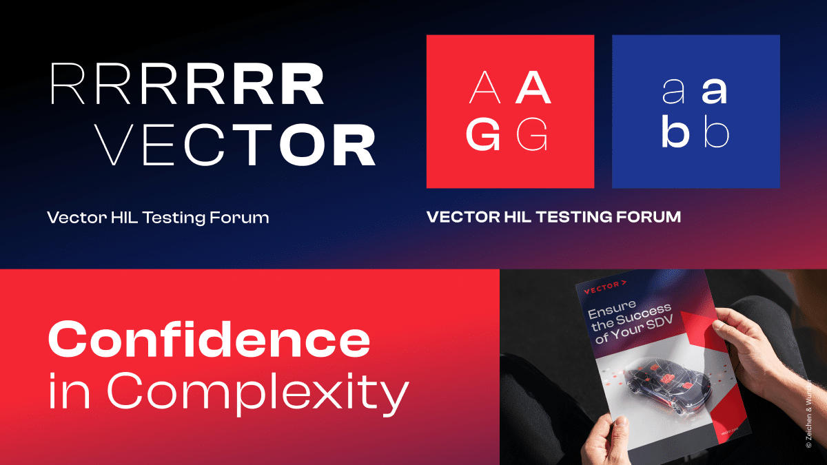 Typografie der neuen Vector-Marke mit Schriftbeispielen auf rotem und blauem Grund
