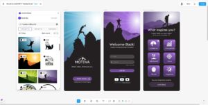 Das VectorStock Plugin in Figma neben drei Mobile-App-Screens mit Bergsilhouetten