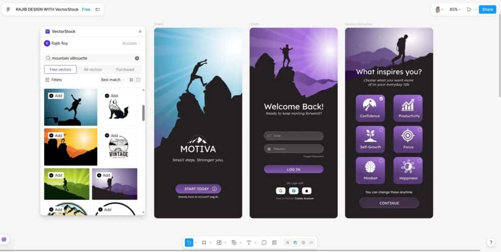 Das VectorStock Plugin in Figma neben drei Mobile-App-Screens mit Bergsilhouetten