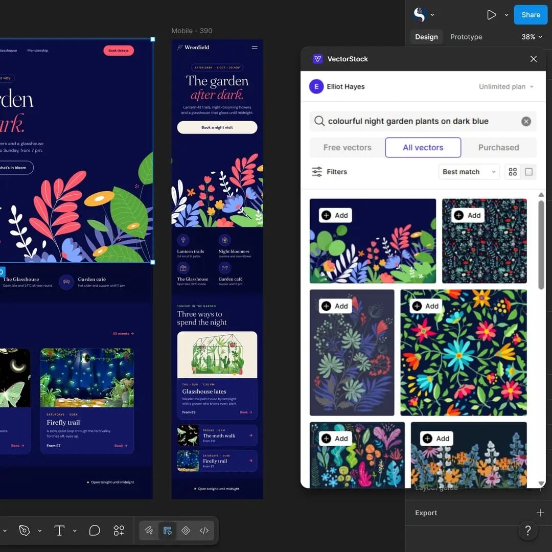 VectorStock Plugin mit Suchergebnissen zu Nachtgarten-Pflanzen neben einem Website-Entwurf in Figma