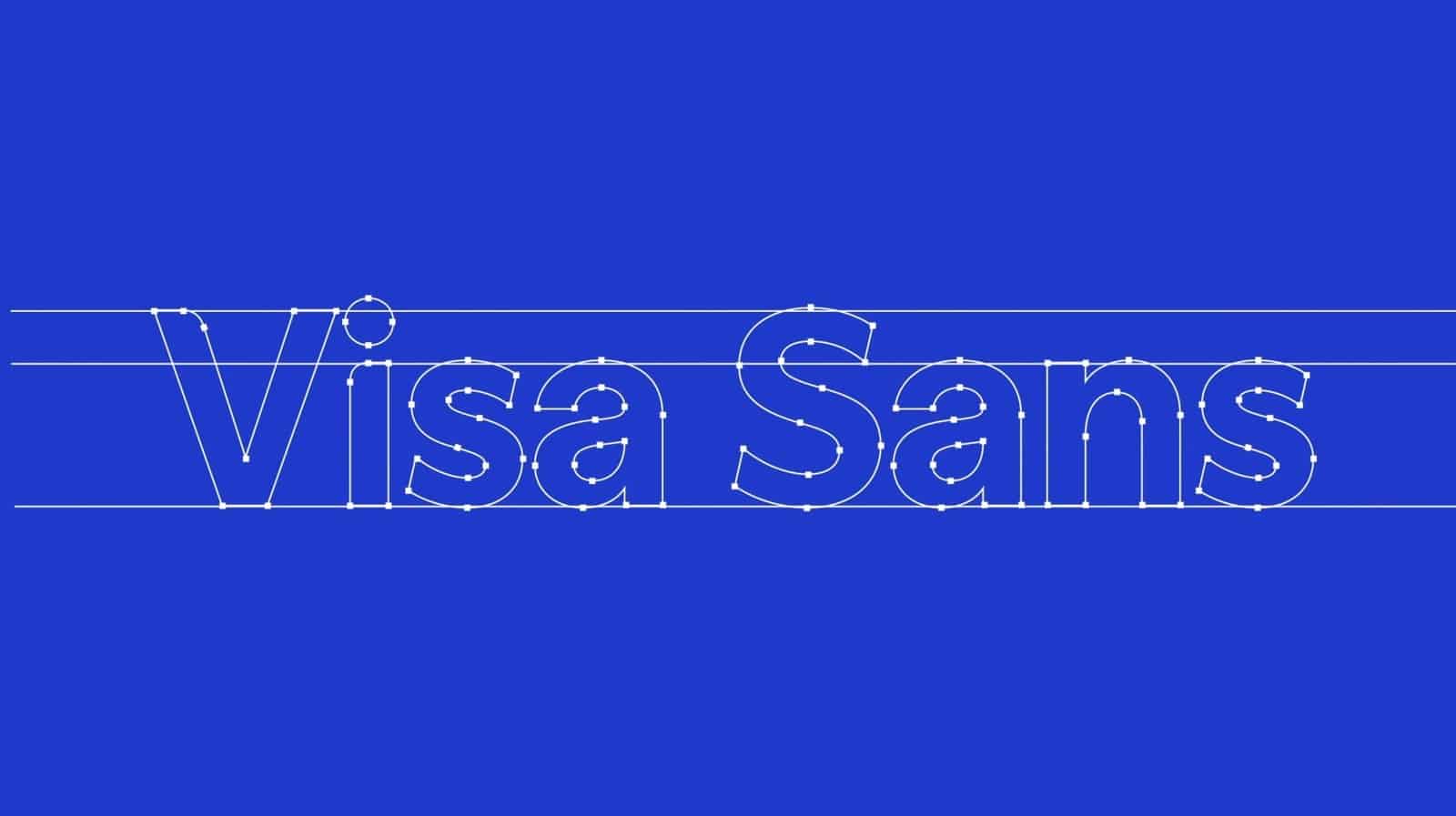 Konturen und Ankerpunkte der Buchstaben Visa Sans auf blauem Grund